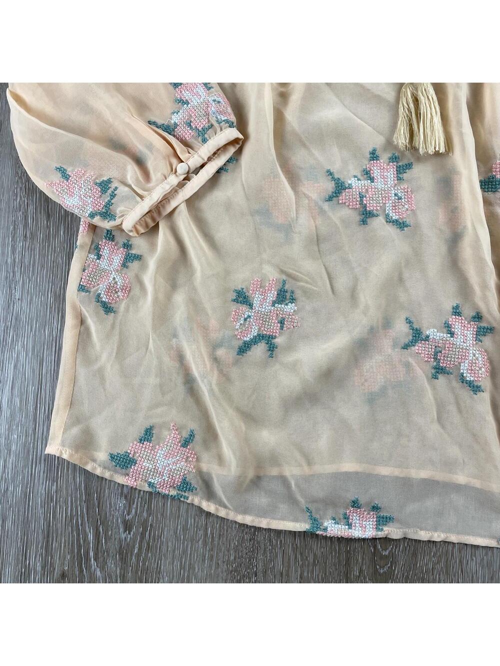 Ariat Women's Roxanne Embroidered Blouse S Boho Floral Sheer Tassel Top - Picture 4 of 16